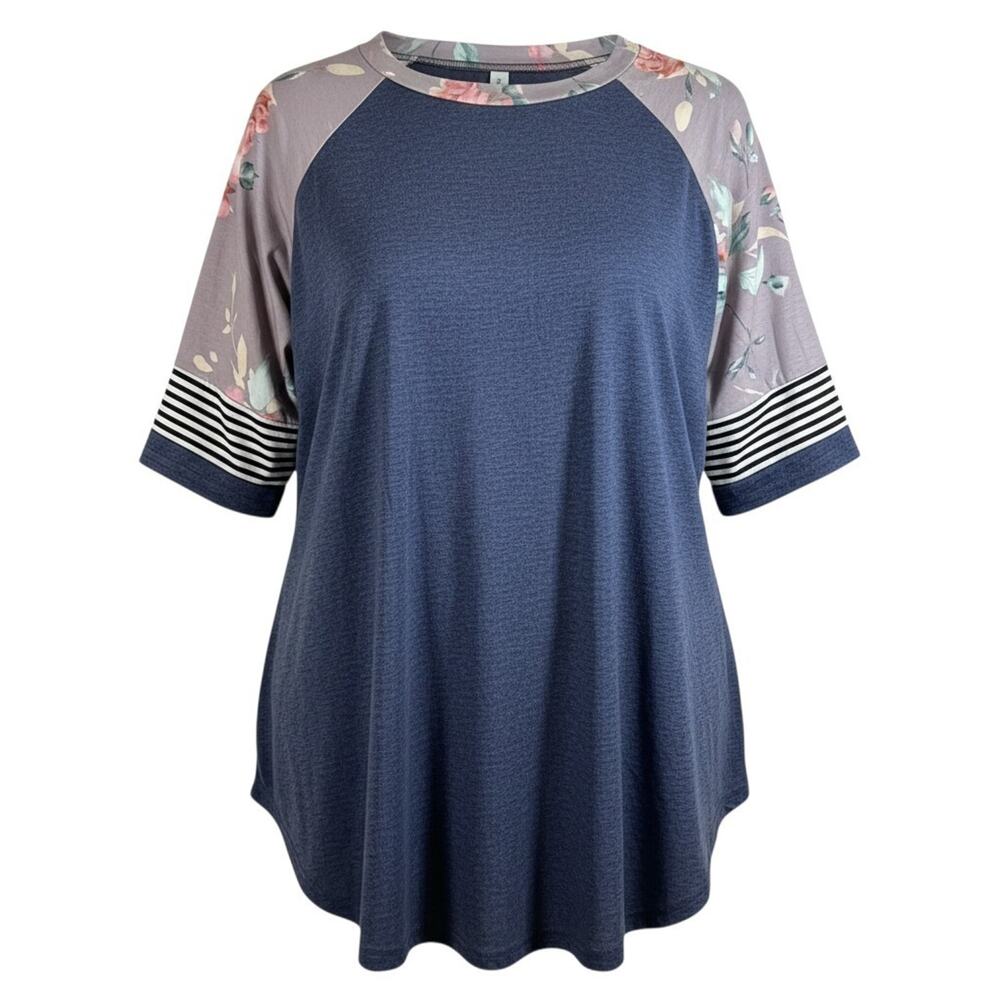 Floral Blooming Womens Raglan Top Blue Floral Sleeve Casual Shirt M